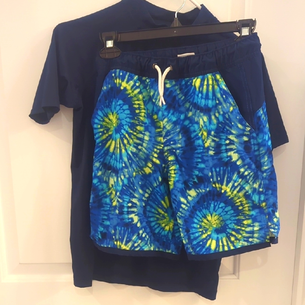 Lands' End Blue and Yellow Swim Trunks Vibrant Design And Blue Rash guard